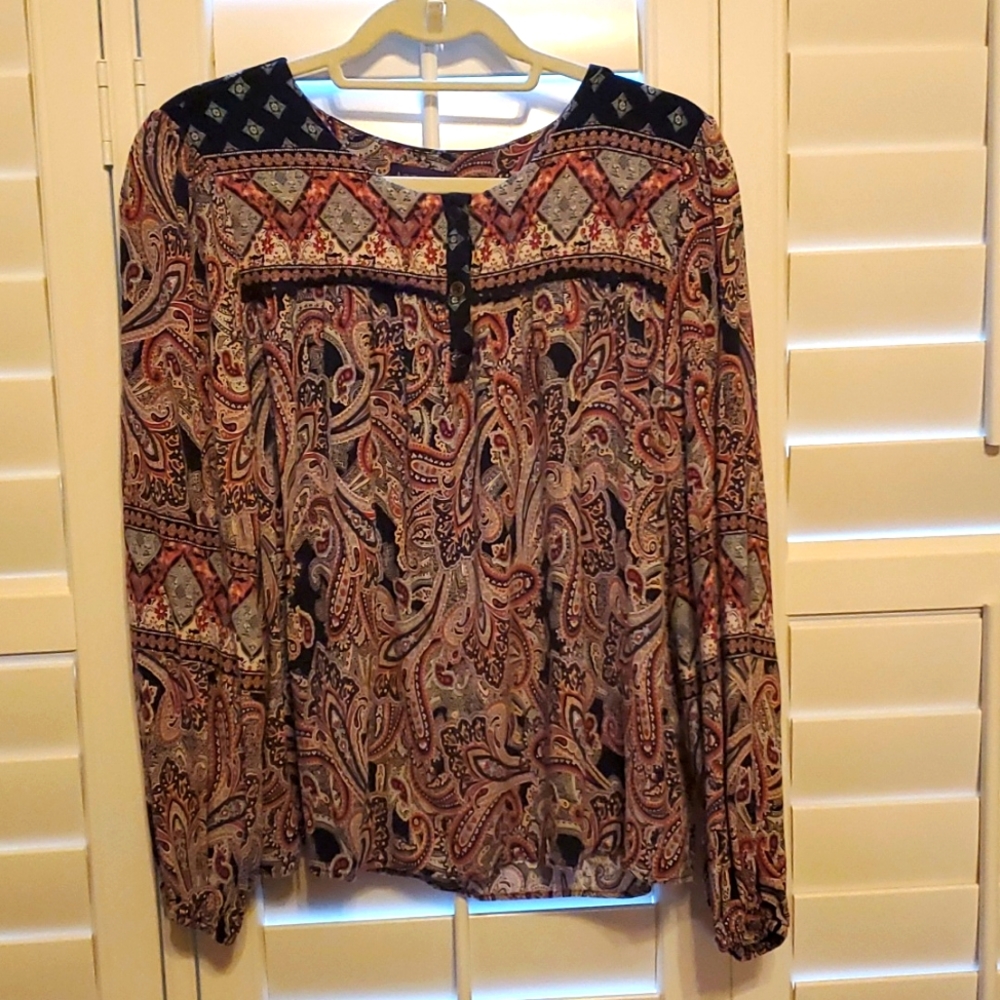 Paisley Print Long-Sleeve Peasant Top - Navy/Multicolor